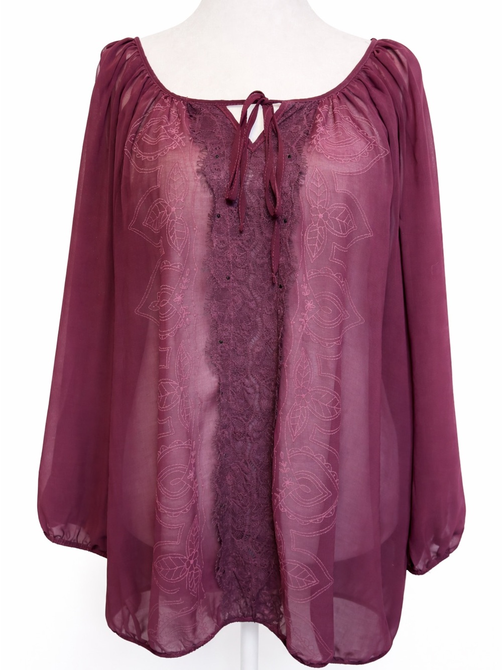 Live To Be Spoiled 3X Plum Boho Peasant Blouse Sheer Lace Tie Neck